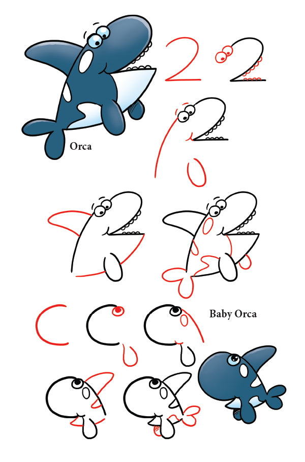 Take the number 2 and add lines and shapes to make an Orca 