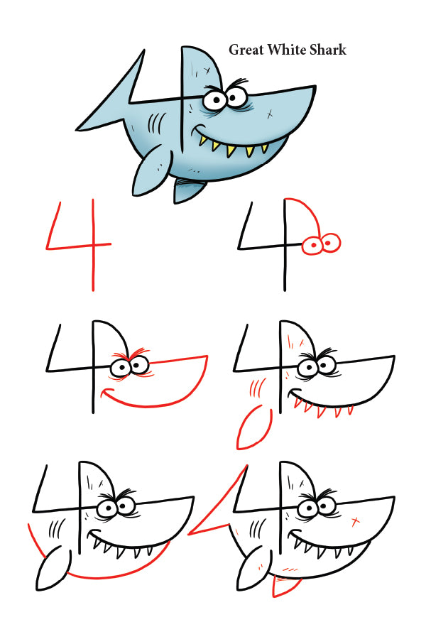 Take the number 4 and turn it into a shark by following the easy to draw steps.